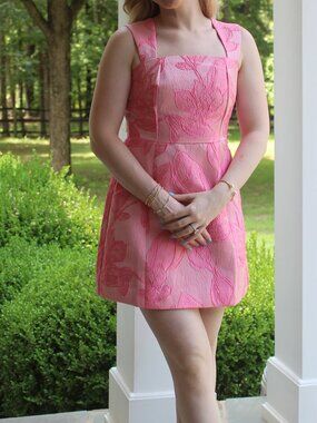 Pink Jacquard Floral Print Mini Party Dress